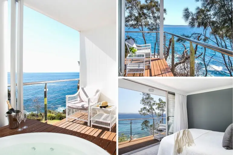 Bannisters by the Sea balcony view and spa tub, and ocean view bedroom