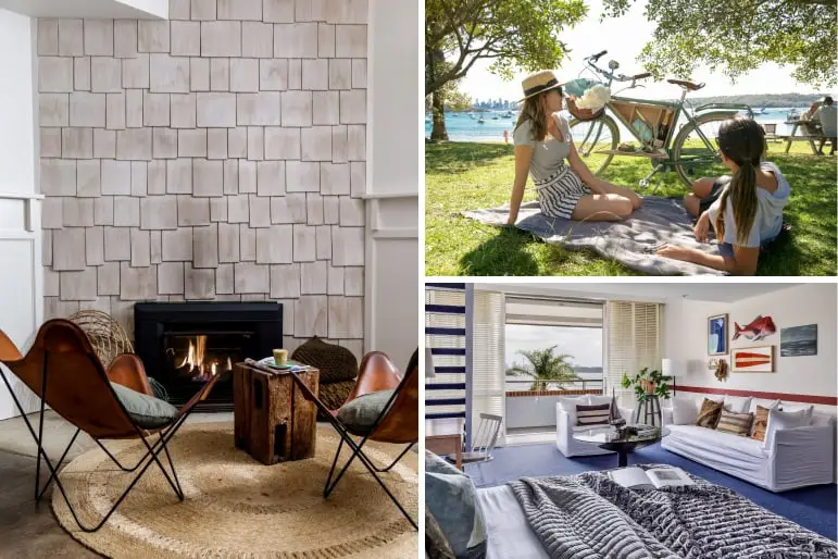 Watsons Bay Boutique room, fireplace, and picnic