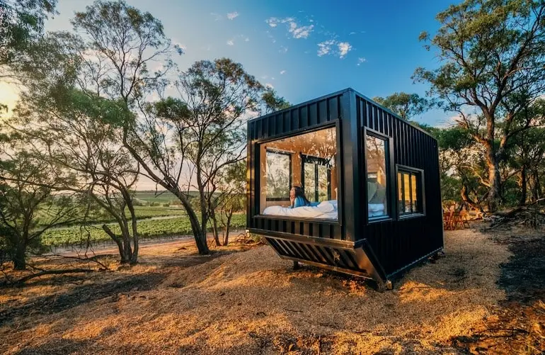 CABN Off Grid Barossa Accommodation tucked away amidst trees with vineyard views